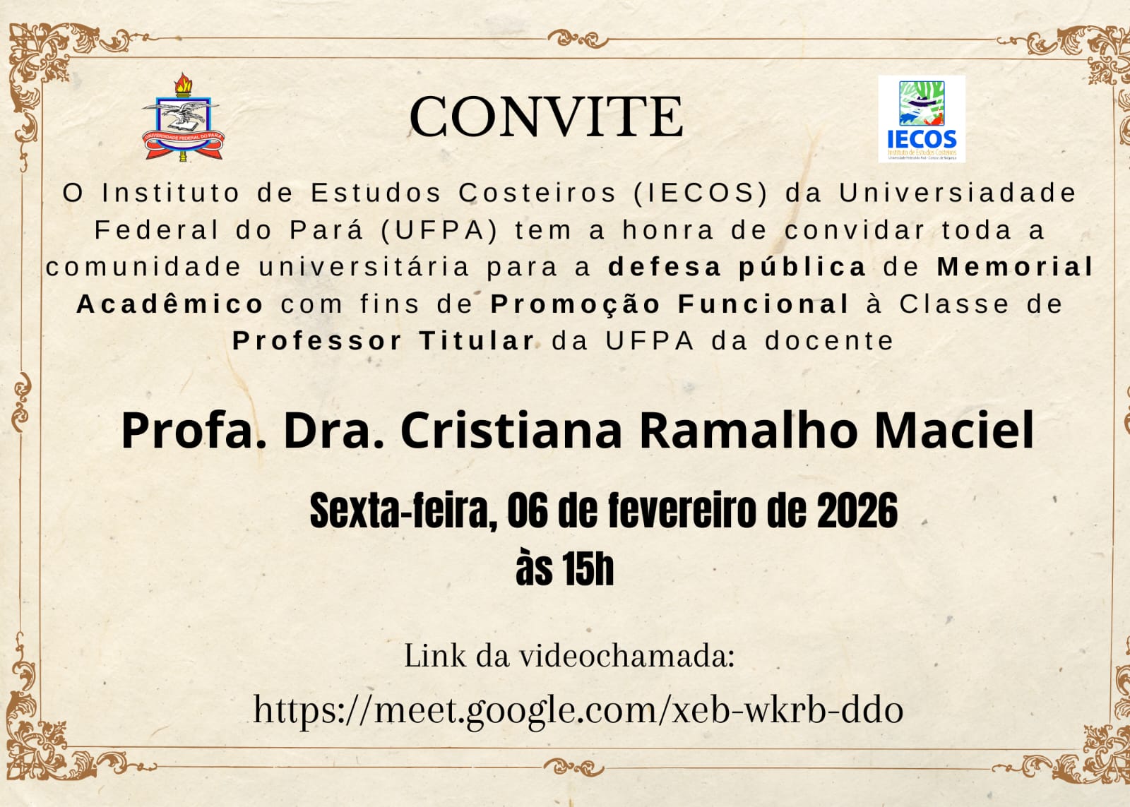 Convite Para Defesa Pública de Memorial Acadêmico - IECOS/UFPA